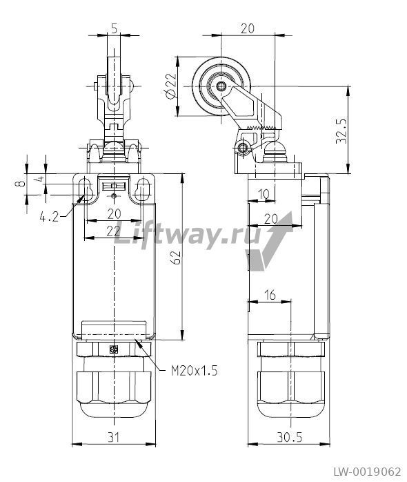 Концевой выключатель I88-UV1Z DGKW 270GR RO22 1НО+1НЗ